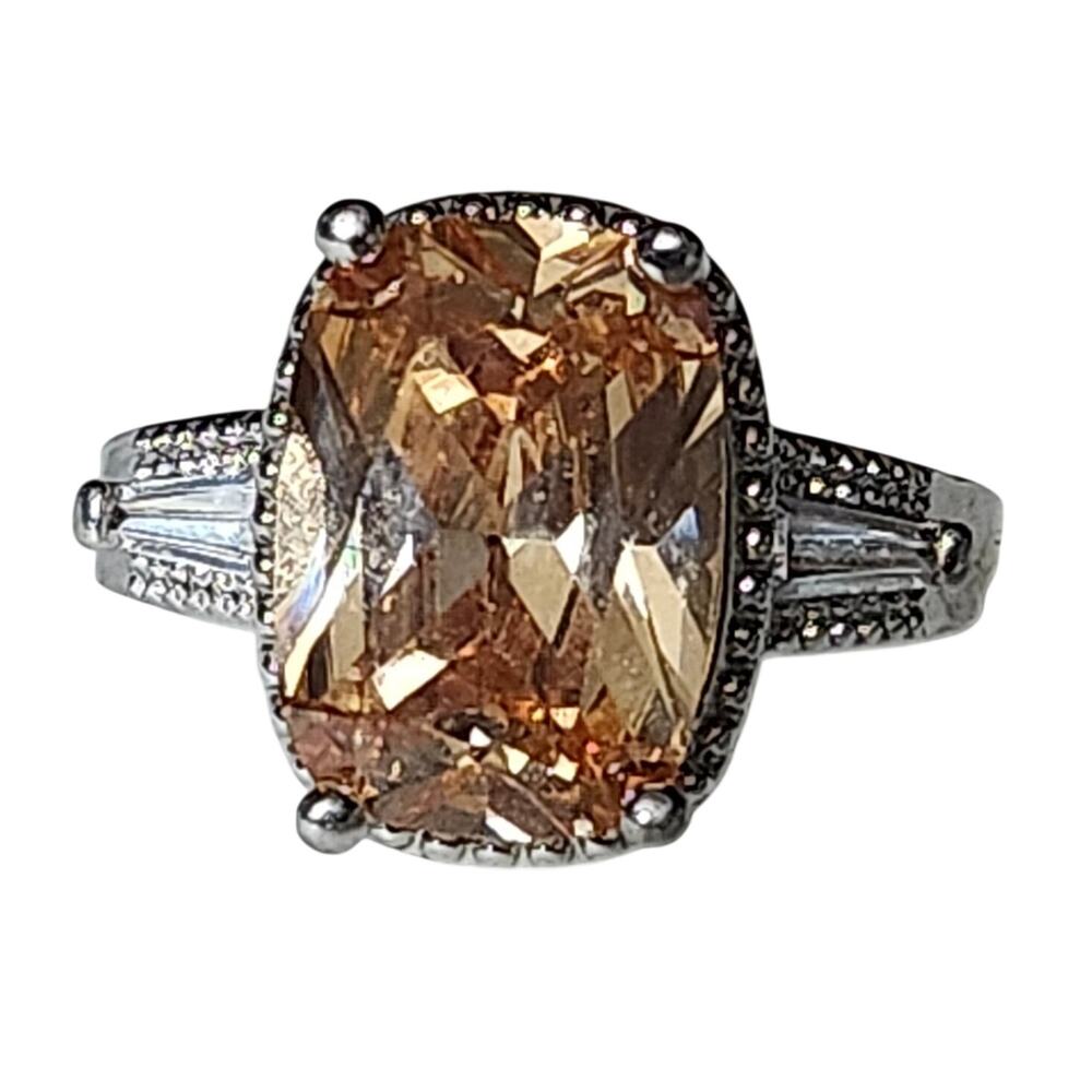 Champagne Cushion Cut Cocktail Ring Silver Baguette Accents Statement Size 8.25